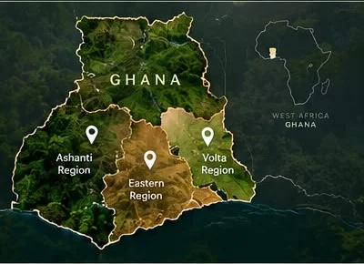 Map of Ghana showing the Ashanti, Eastern and Volta project regions